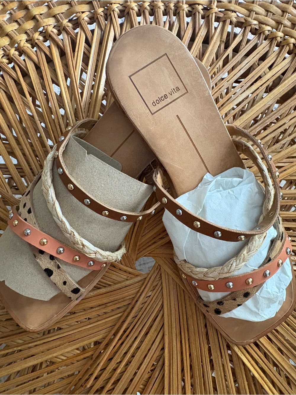 Dolce Vita Braided & Studded Slide Mules in Tan, Cream, and Coral